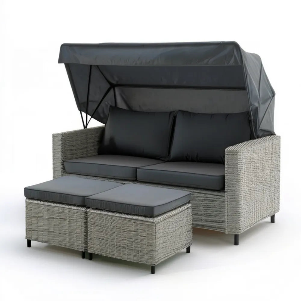 Dwuosobowa sofa ogrodowa z technorattanu z regulowanym daszkiem i 2 podnóżkami, szara/grafitowa/czarna, 130 x 75 x 145 cm