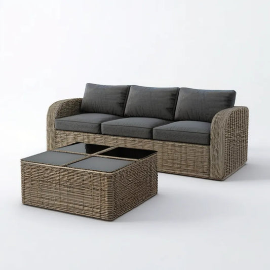 Sofa 3-osobowa ze stolikiem kawowym z technorattanu, szarobrązowa z grafitowymi poduszkami, 210 × 85 × 78 cm