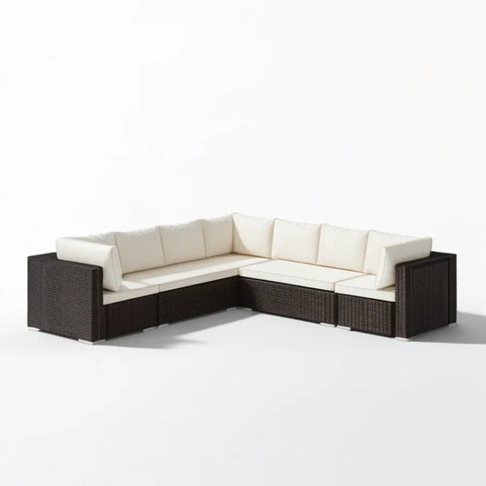 Narożna sofa ogrodowa z technorattanu PE w kształcie L, ciemnobrązowa z kremowymi poduszkami, 250 x 250 x 70 cm