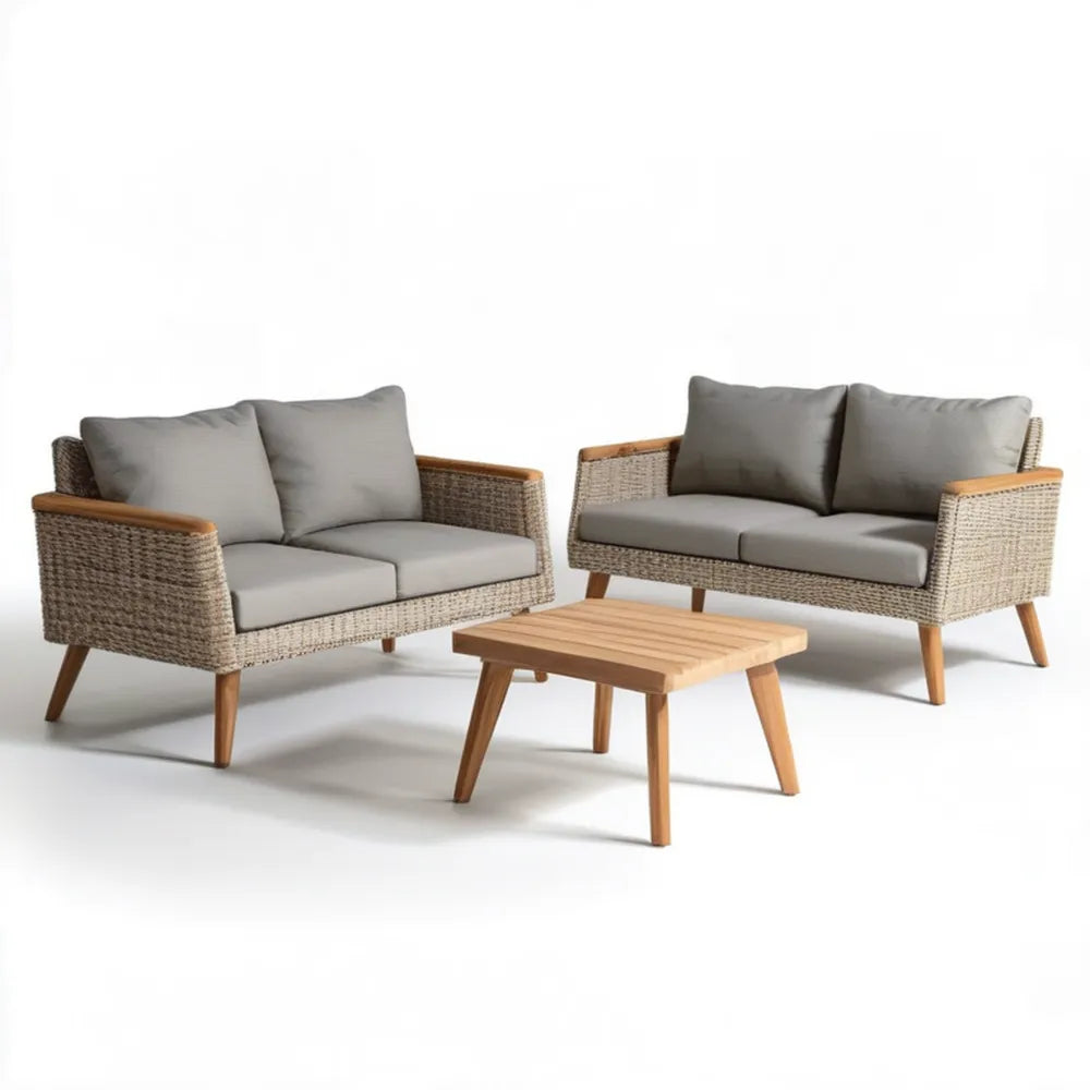 Zestaw ogrodowy z technorattanu: 2 sofy dwuosobowe 124 × 70 × 75 cm i stolik 80 × 50 × 40 cm, Beżowy/Szary/Brązowy
