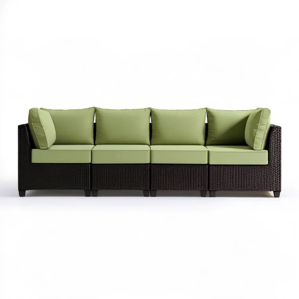 4-osobowa sofa ogrodowa z technorattanu PE, ciemnobrązowa z zielonymi poduszkami, 300 x 70 x 65 cm