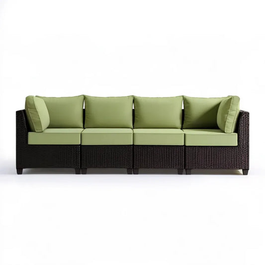 4-osobowa sofa ogrodowa z technorattanu PE, ciemnobrązowa z zielonymi poduszkami, 300 x 70 x 65 cm