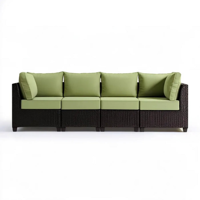 4-osobowa sofa ogrodowa z technorattanu PE, ciemnobrązowa z zielonymi poduszkami, 300 x 70 x 65 cm