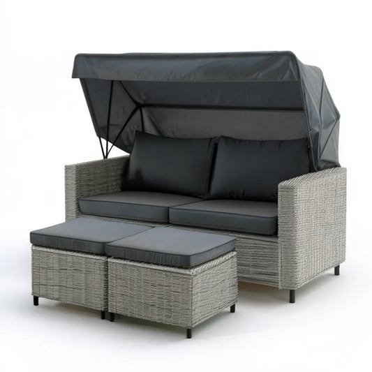 Dwuosobowa sofa ogrodowa z technorattanu z regulowanym daszkiem i 2 podnóżkami, szara/grafitowa/czarna, 130 x 75 x 145 cm