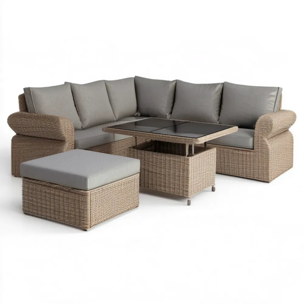 Beżowo-szary narożnik z technorattanu z poduszkami, czarnym stołem i pufą 230 × 230 cm