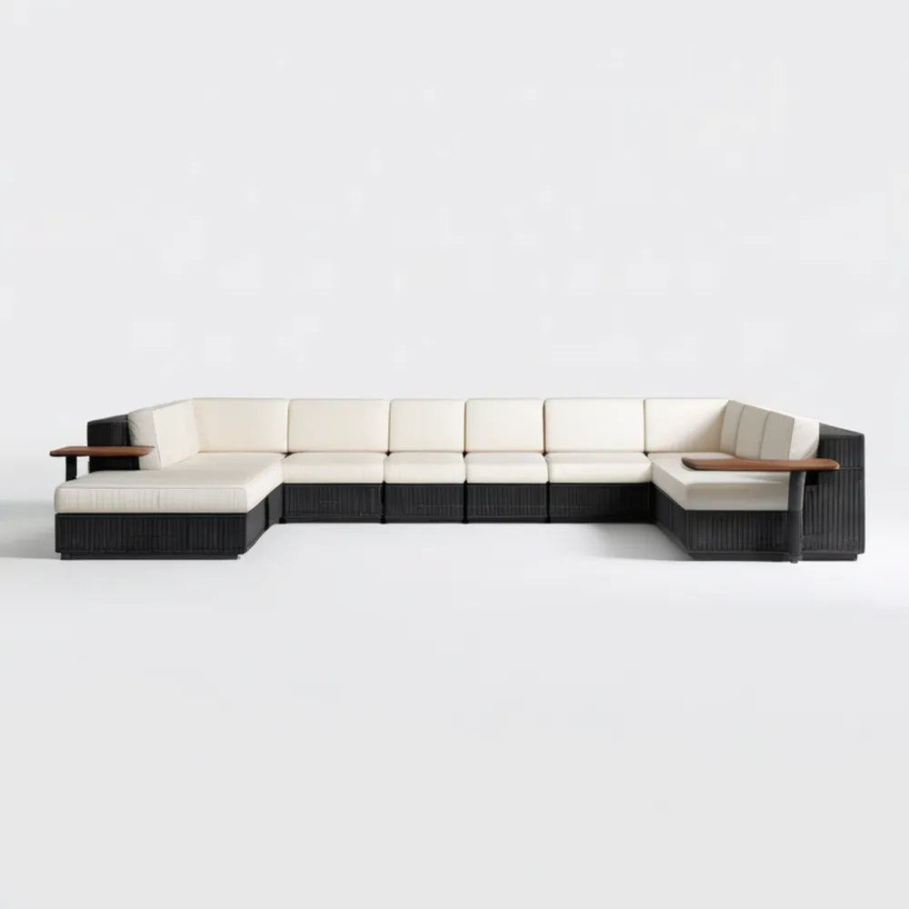 Modułowy zestaw wypoczynkowy w kształcie U z technorattanu, czarno-kremowo-brązowy, 420 × 210 × 70 cm