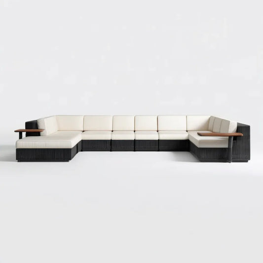 Modułowy zestaw wypoczynkowy w kształcie U z technorattanu, czarno-kremowo-brązowy, 420 × 210 × 70 cm