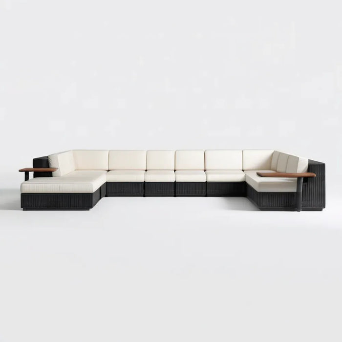 Modułowy zestaw wypoczynkowy w kształcie U z technorattanu, czarno-kremowo-brązowy, 420 × 210 × 70 cm